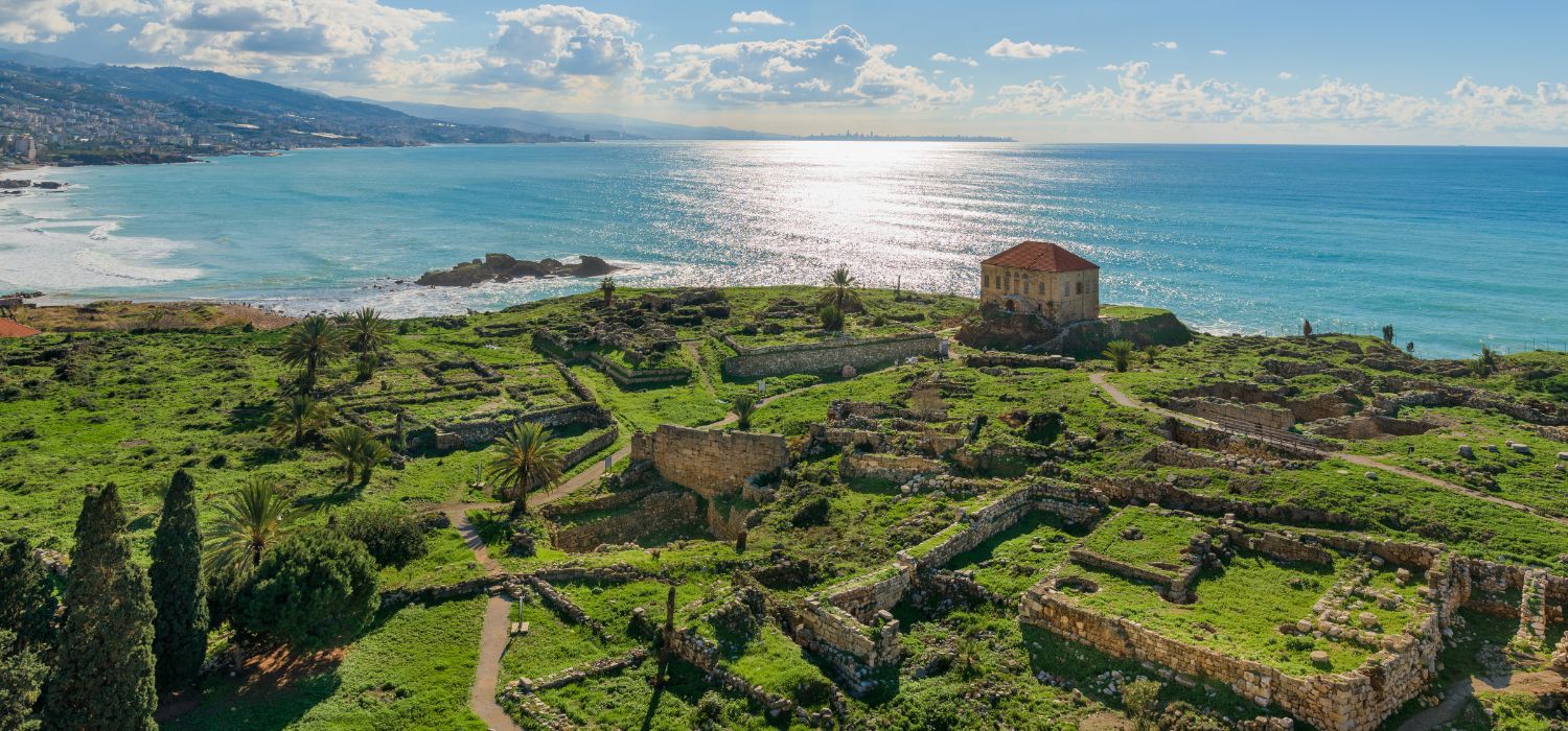 Panorama of Byblos archeological site with Phoenician, Roman and Crusader temple and fort ruins, In Lebanon