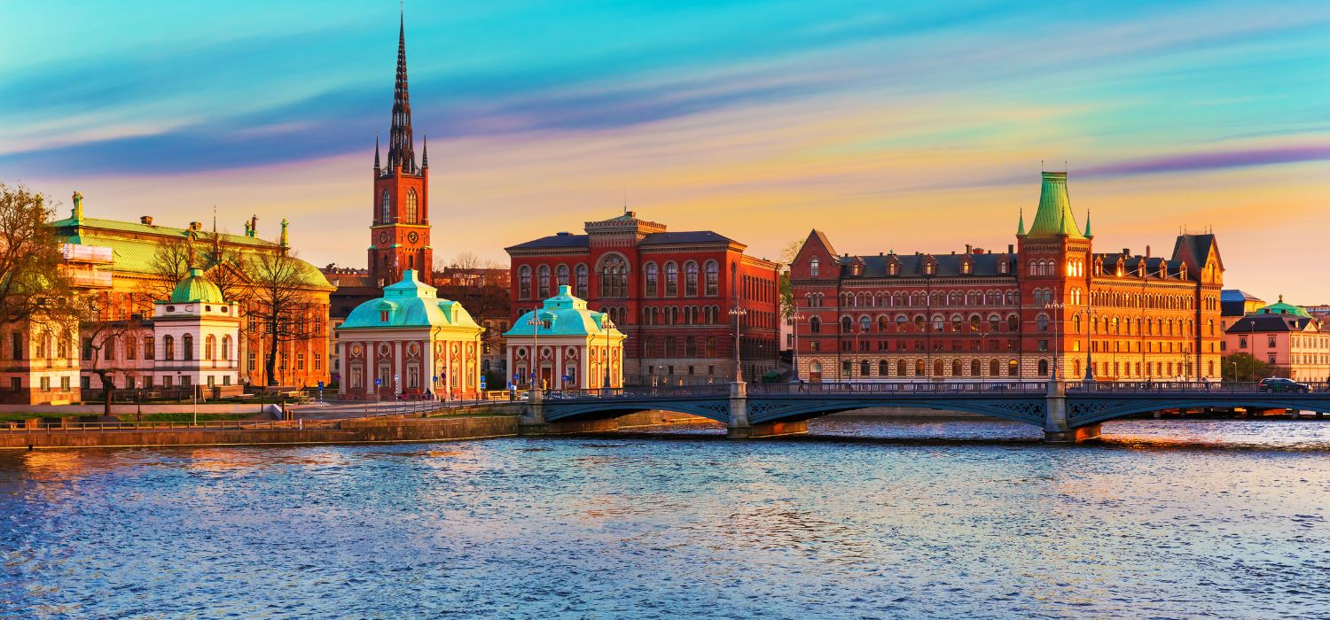 Scenic summer panorama of the Old Town (Gamla Stan) architecture pier in Stockholm, Sweden