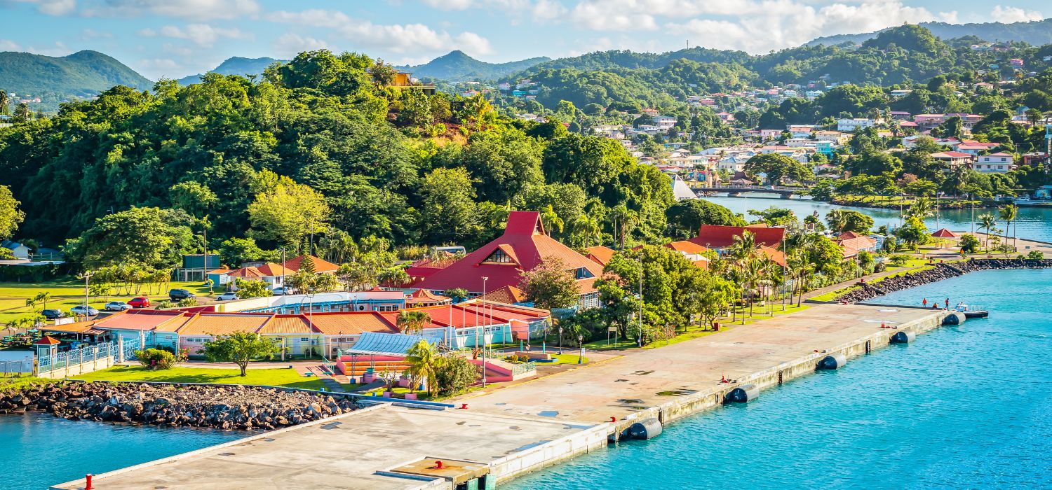 Cruise port of Castries, harbor of Saint Lucia in the Caribbean. Pier for cruise ships. Tourist destination.
