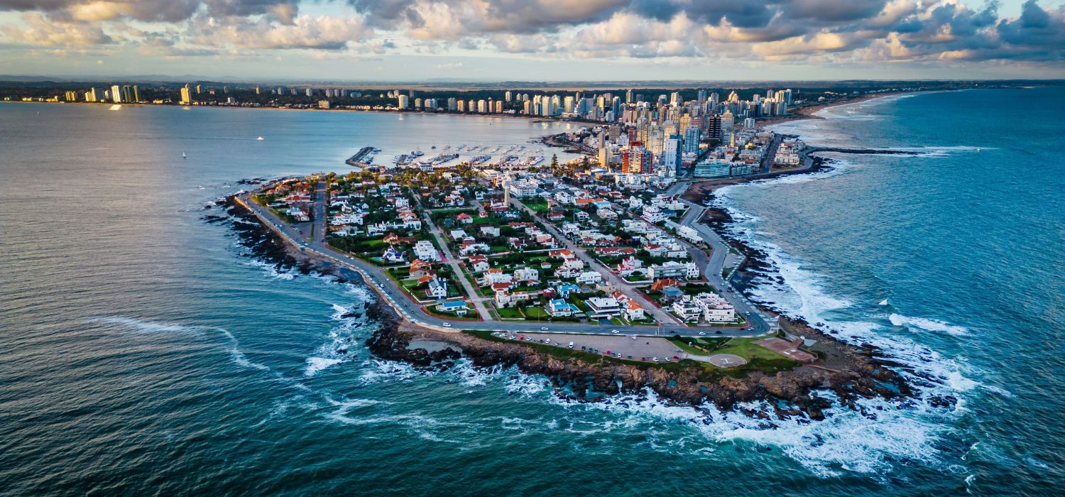 Punta del Este City Uruguay Atlantic coastline with scenic skyscraper buildings and skyline hours
