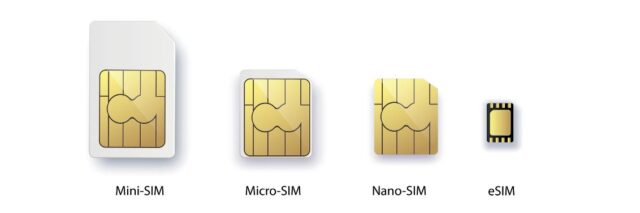 SIM and ESIM card. Smart cellular wireless communication gsm chip, electronics and telecommunication microchip design on white